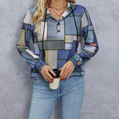 Women's Geometric Print Drawstring Fashionable Casual Hoodie Top