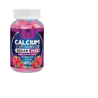Calcium + Vitamin D3 sugar-free gummy supplement bottle, raspberry flavored, upright