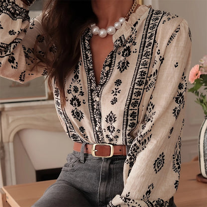 Women's Elegant Printed Blouse - Flowy Boho Shirt With Lantern Sleeves & Lace Trim, Vintage Ethnic Style Loose Top