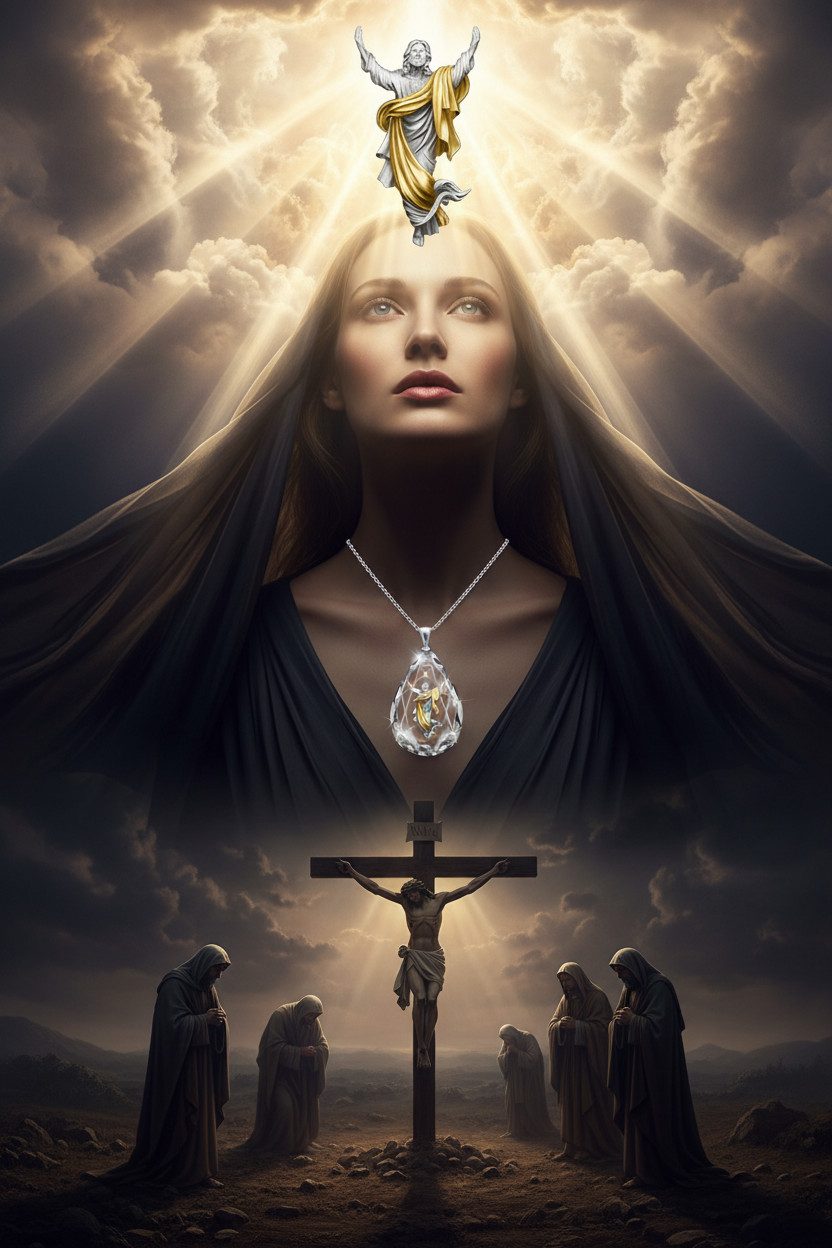 Crystal pendant necklace with angel charm and dangling cross, silver and gold tone
