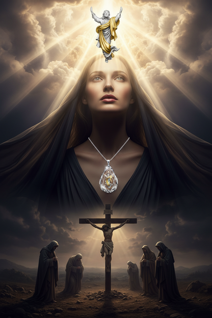 Crystal pendant necklace with angel charm and dangling cross, silver and gold tone