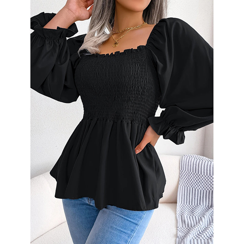 Women's Peplum Tops Square Neck Ruffle Trim Long Sleeve Blouse Smocked Top Dressy Casual Shirts