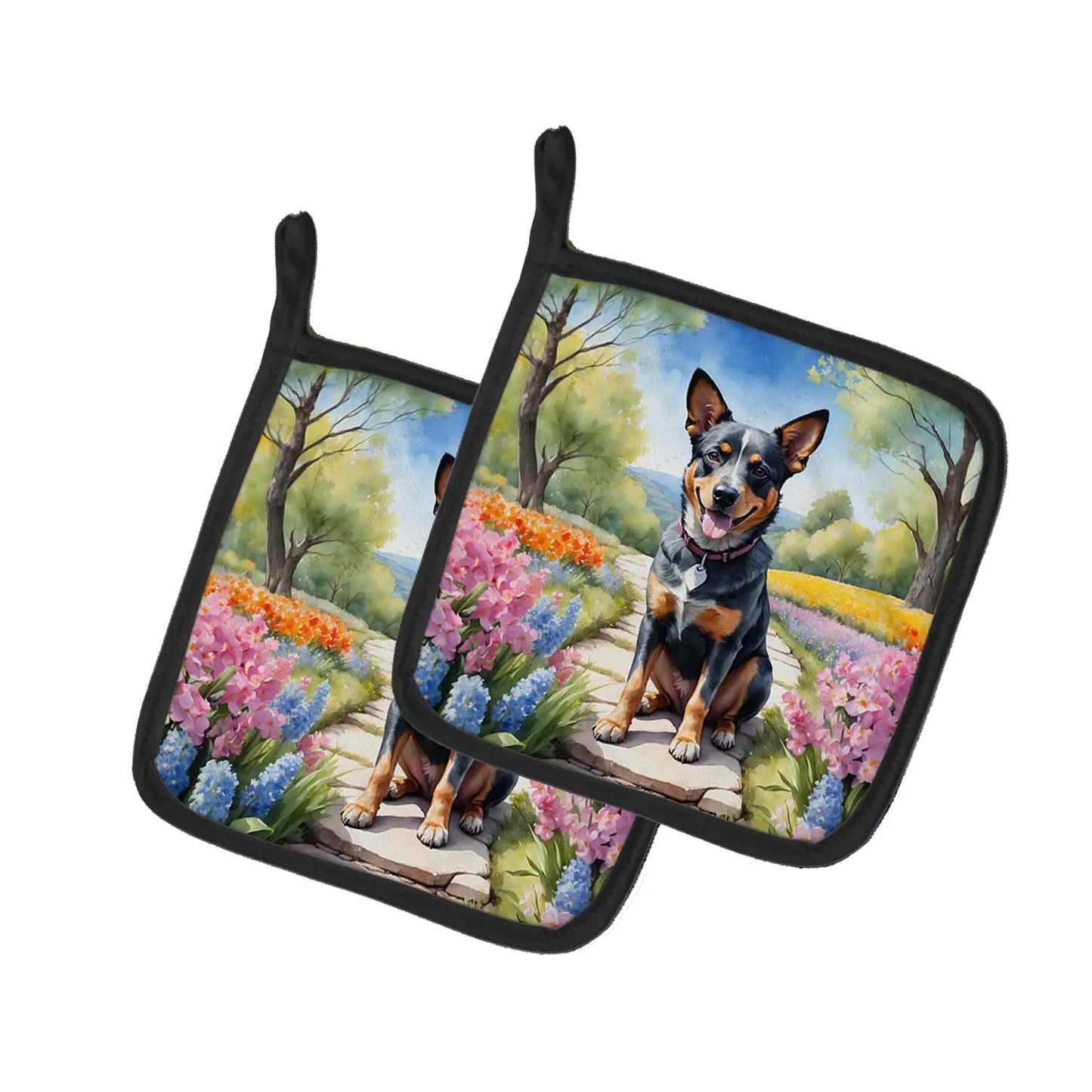Australian Cattle Dog Spring Garden Pair of Pot Holders