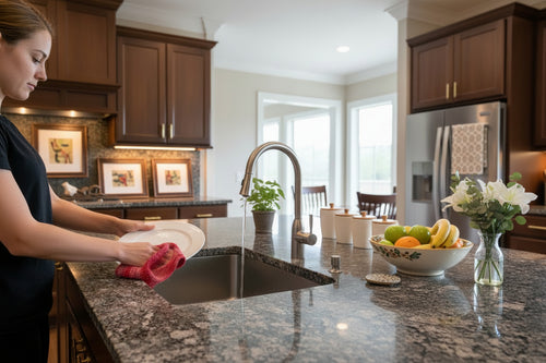 Handmade cotton dish cloth, three-tone red, being used at sink
