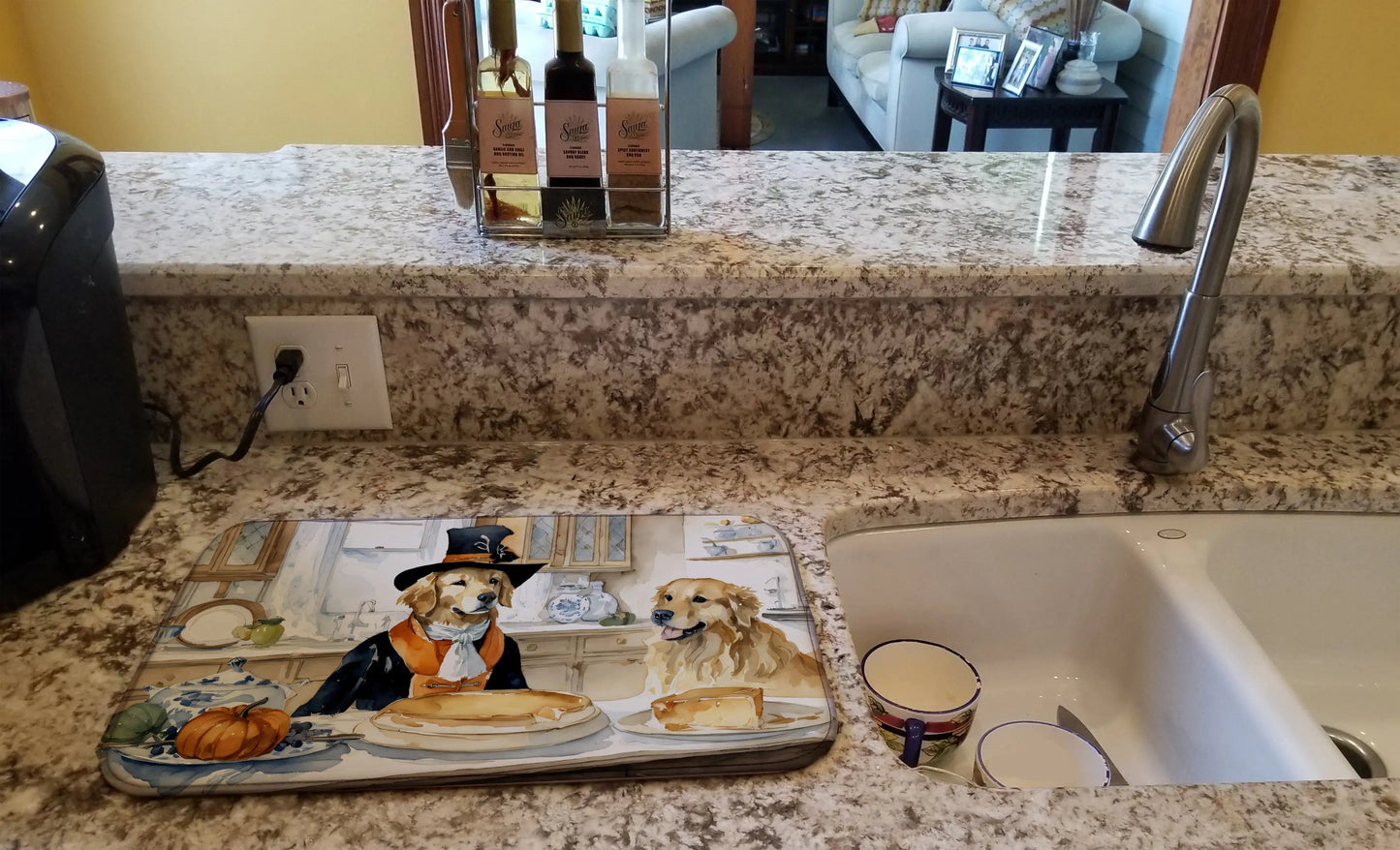 Golden Retriever Fall Kitchen Pumpkins Dish Drying Mat