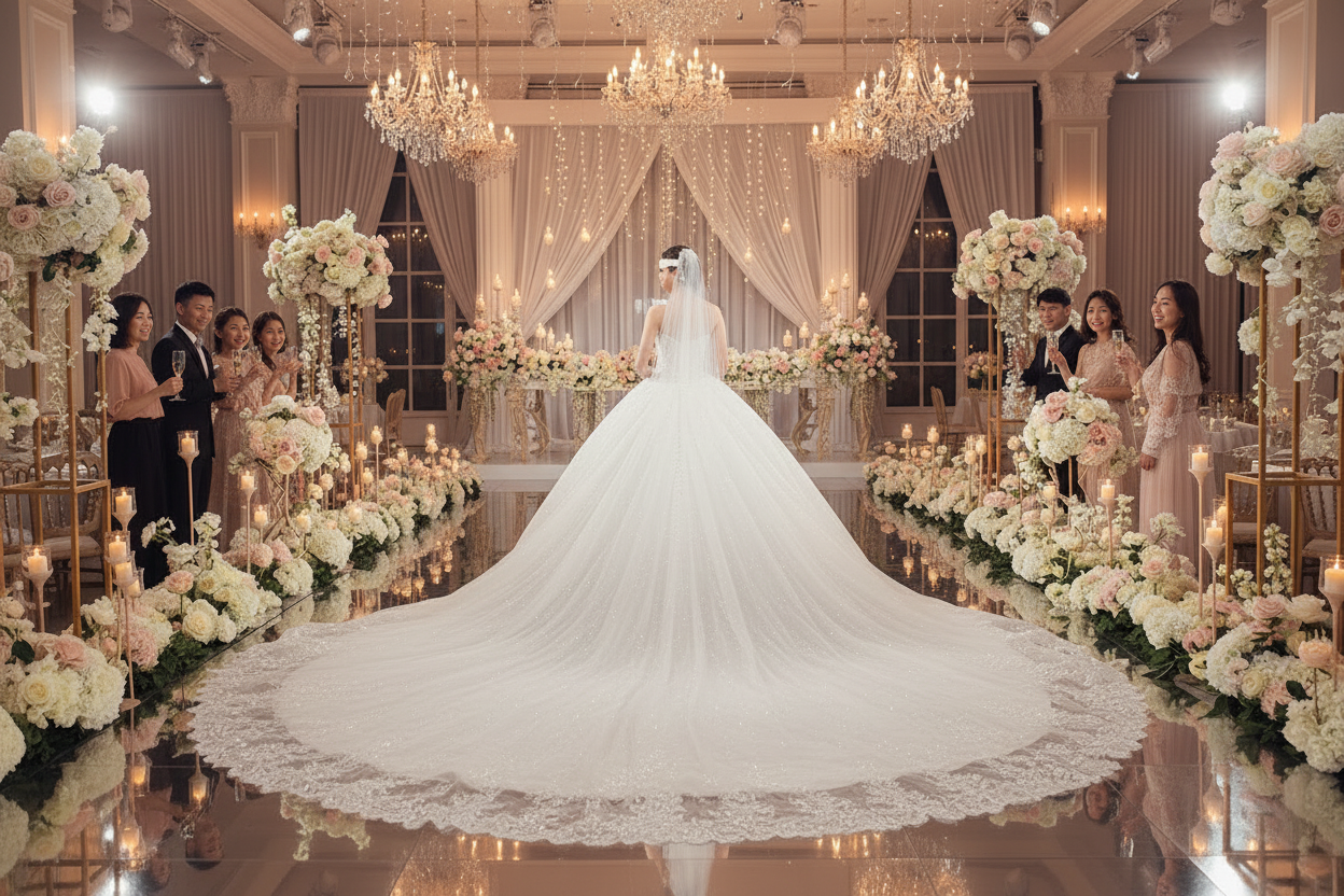 White wedding dress with strapless bodice and sweeping full skirt with fine sparkles