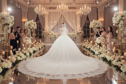 White wedding dress with strapless bodice and sweeping full skirt with fine sparkles