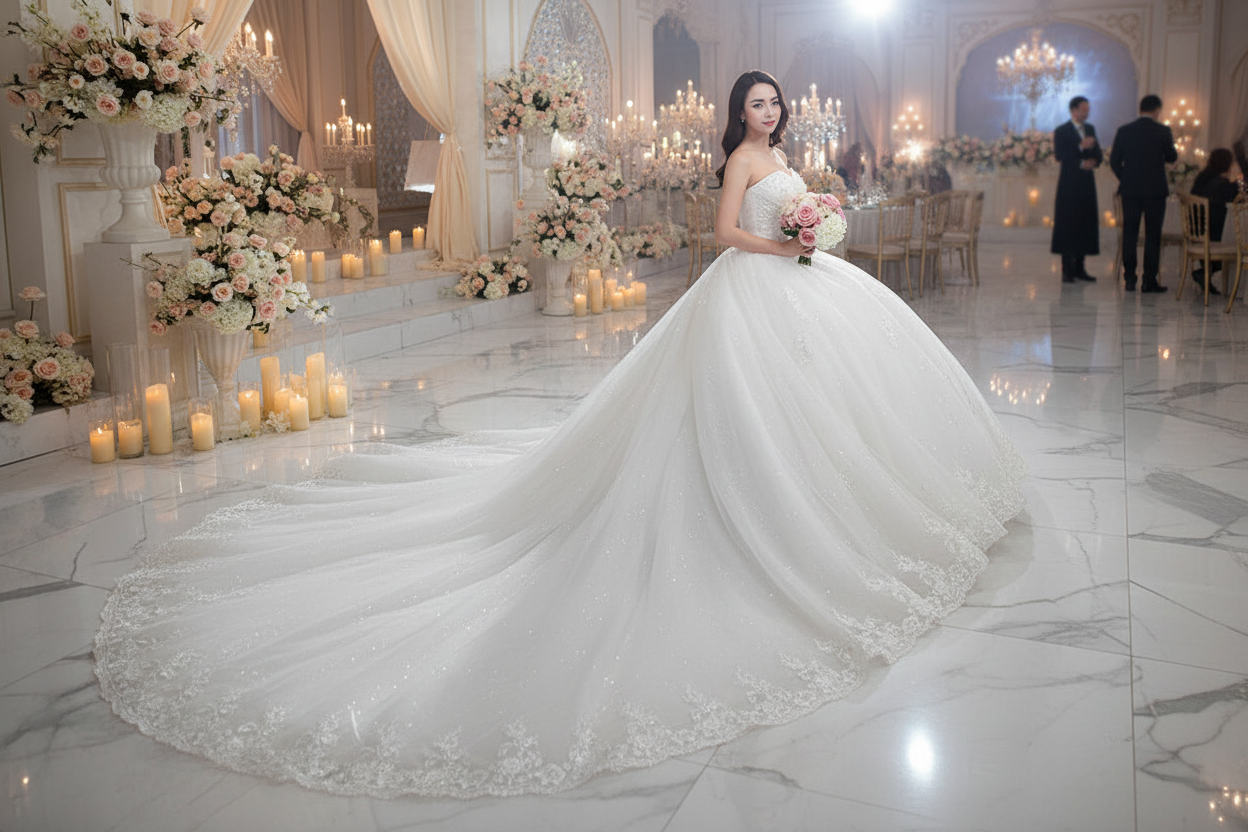 White wedding dress with strapless bodice, gathered waist, and voluminous lace-trim skirt
