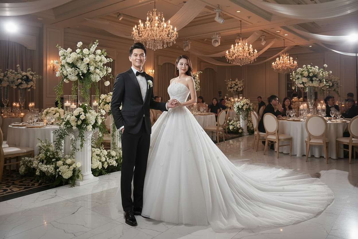 White wedding dress with strapless sweetheart bodice and full A-line tulle skirt