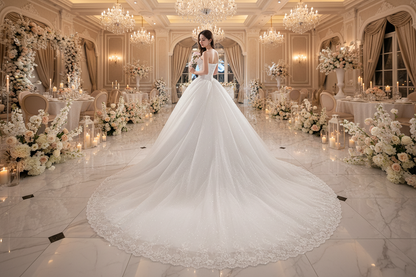 White wedding dress with sleeveless bodice and full layered skirt with sparkling texture