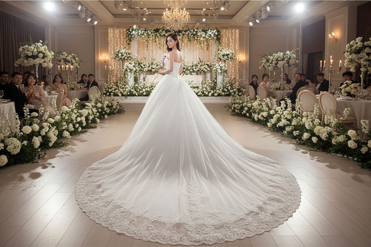 White wedding dress with fitted bodice and wide A-line skirt with lace-edged hem