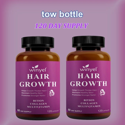 Hair growth supplement bottles, two amber bottles with black caps and purple labels