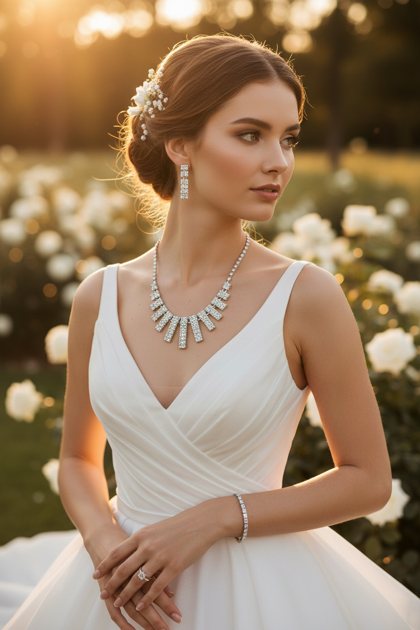 Crystal bridal necklace and bracelet set with matching earrings on model profile