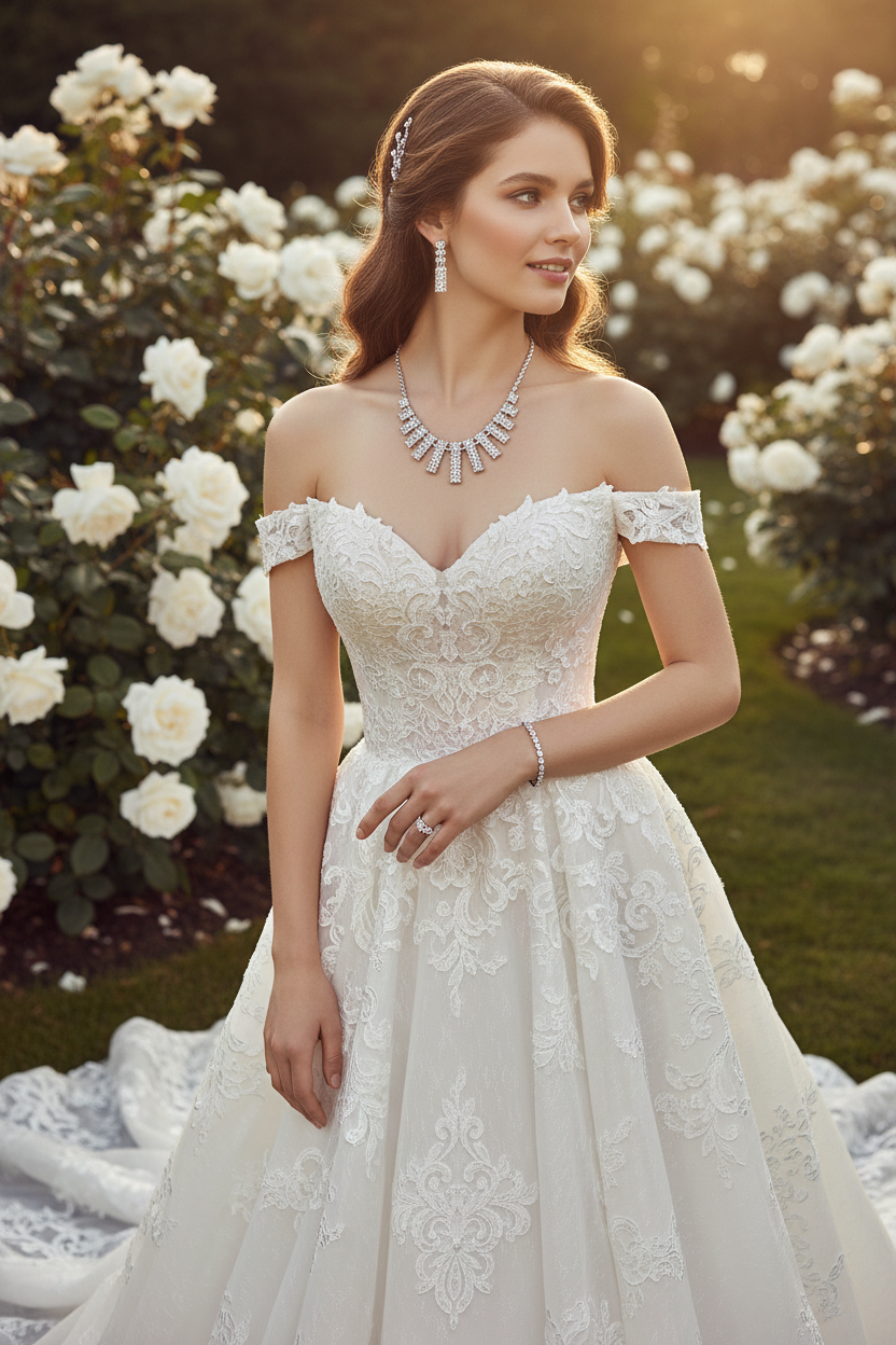 Crystal bridal necklace and bracelet set with matching earrings on model in wedding gown