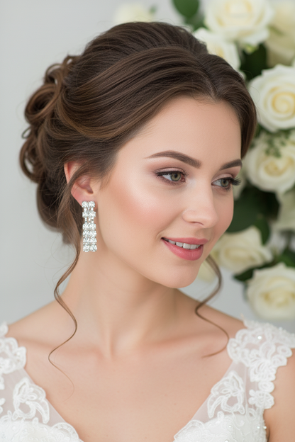 Crystal drop earrings from bridal jewelry set, close-up on model