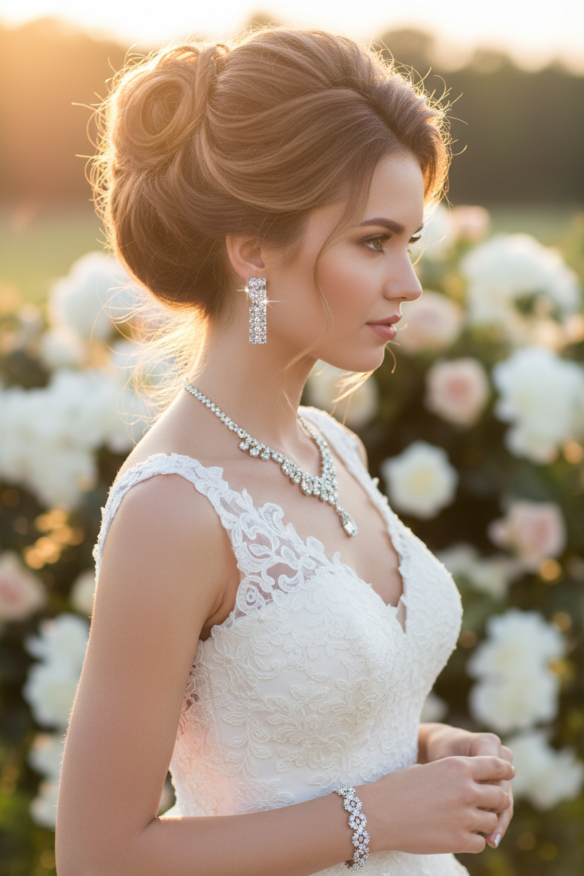 Crystal bridal jewelry set: long drop earrings, layered necklace and bracelet on model