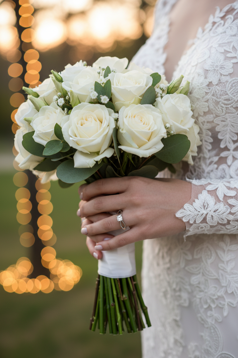 Crystal bracelet and ring detail with bridal bouquet; matching wedding jewelry set