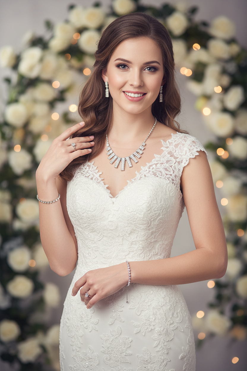 Crystal bridal jewelry set: chandelier necklace, drop earrings, bracelet and rings on model