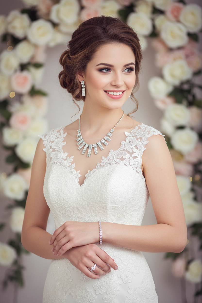 Crystal bridal necklace with matching drop earrings and bracelet, model wearing set
