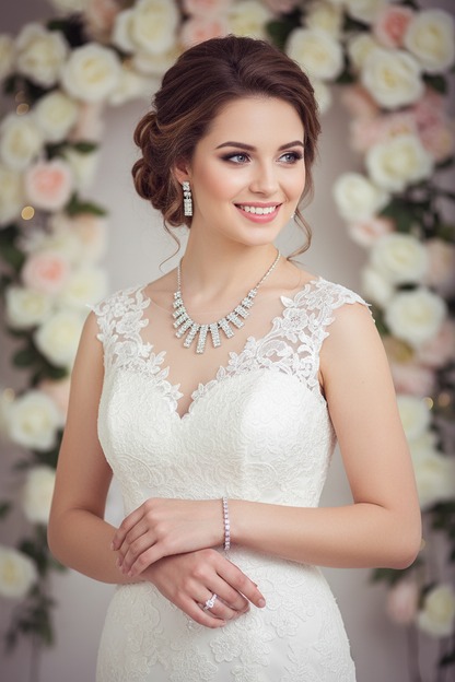 Crystal bridal necklace with matching drop earrings and bracelet, model wearing set