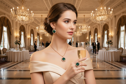 Bridal jewelry set with green drop pendant necklace, matching green earrings, and green ring