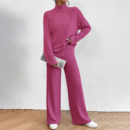 Women's Solid Color 2-Piece Set High Neck Long Sleeve Top & Pants, Striped Loungewear