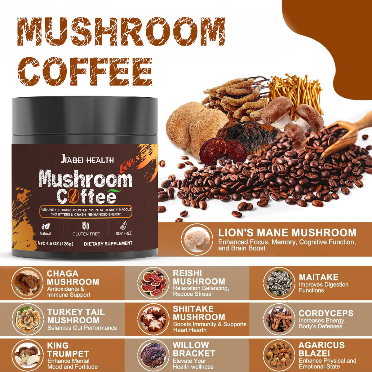 Mushroom coffee powder jar with brown label and black lid