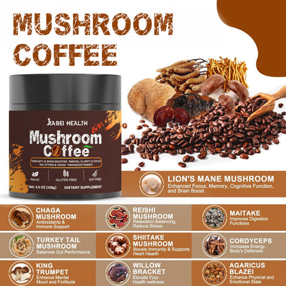 Mushroom coffee powder jar with brown label and black lid