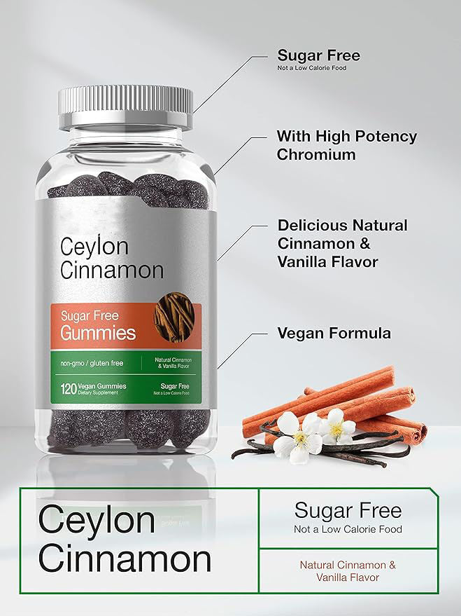 Ceylon cinnamon sugar-free gummies bottle with chromium and vegan formula callouts