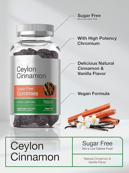 Ceylon cinnamon sugar-free gummies bottle with chromium and vegan formula callouts