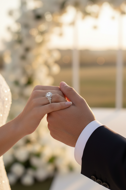 Silver moissanite ring with round center halo, shown in close-up