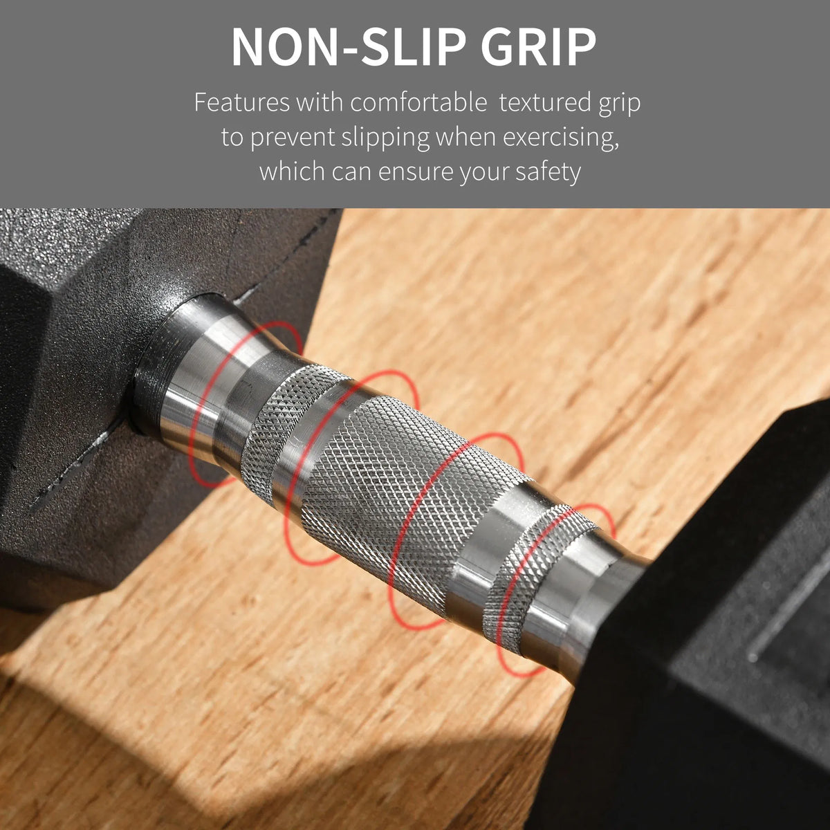 Black hex dumbbell with knurled metal grip handle and ribbed end caps