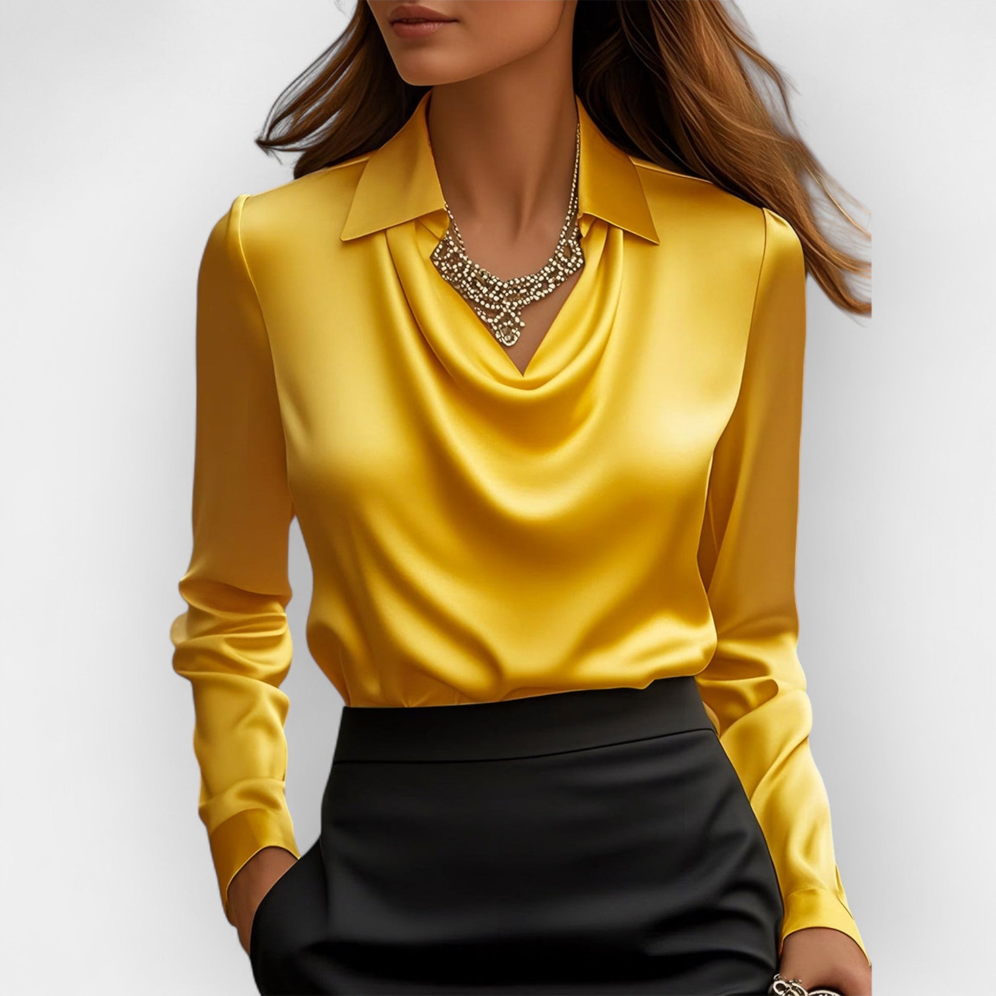 Women’s satin draped blouse with swing collar, long sleeves, mustard gold color
