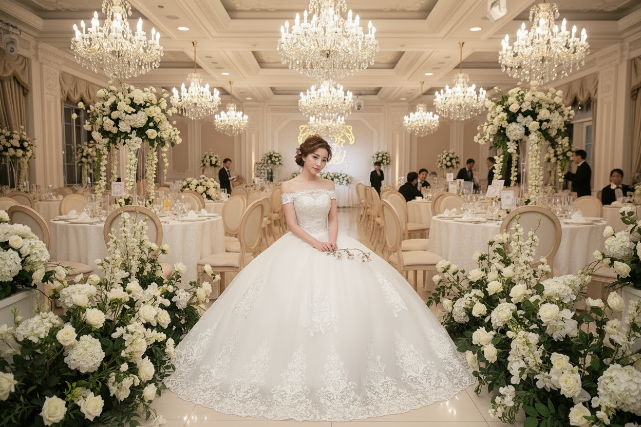 White wedding lace dress with lace cap sleeves and wide, embroidered skirt