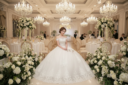 White wedding lace dress with lace cap sleeves and wide, embroidered skirt