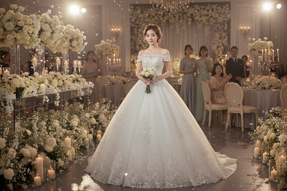 White lace wedding dress with lace cap sleeves and detailed embroidered skirt