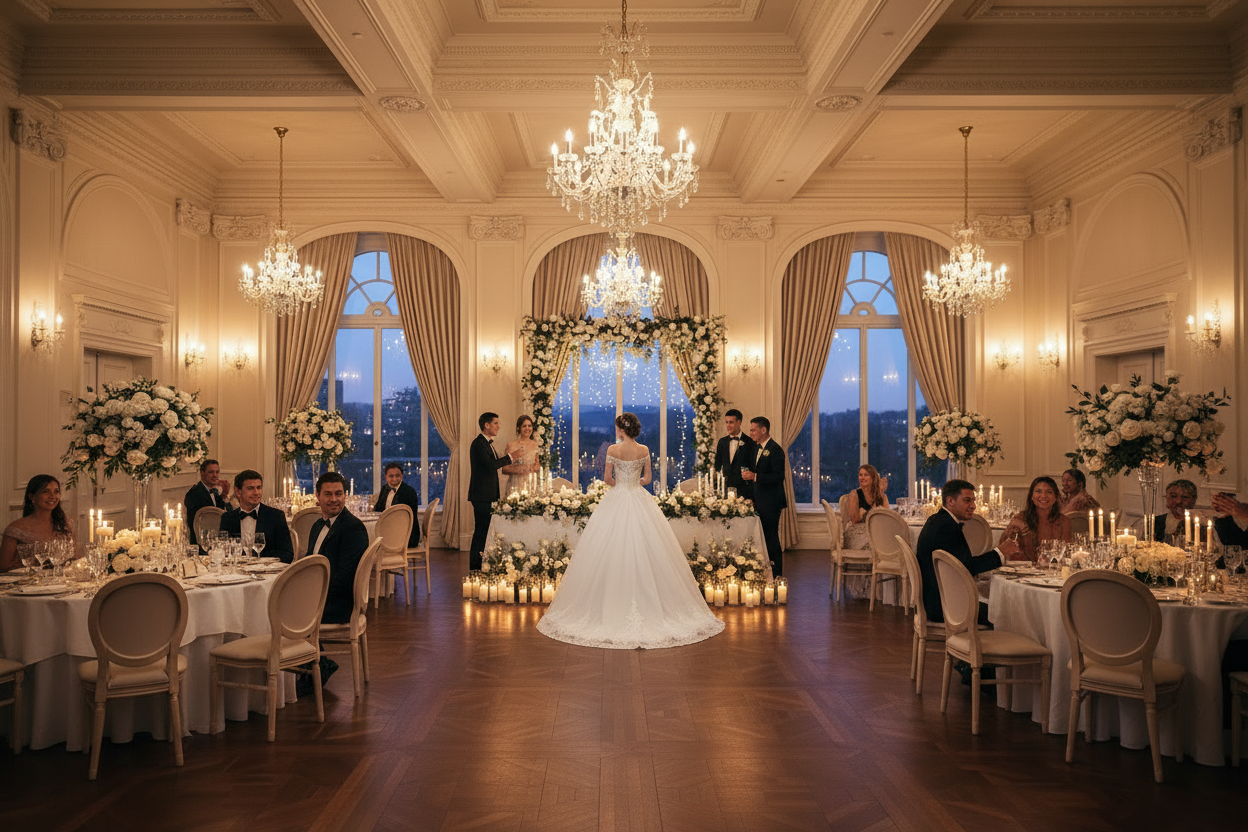 White wedding lace dress with full skirt, viewed from behind