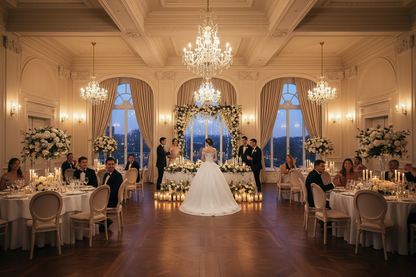 White wedding lace dress with full skirt, viewed from behind