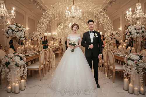 White wedding lace dress with lace cap sleeves and full A-line skirt