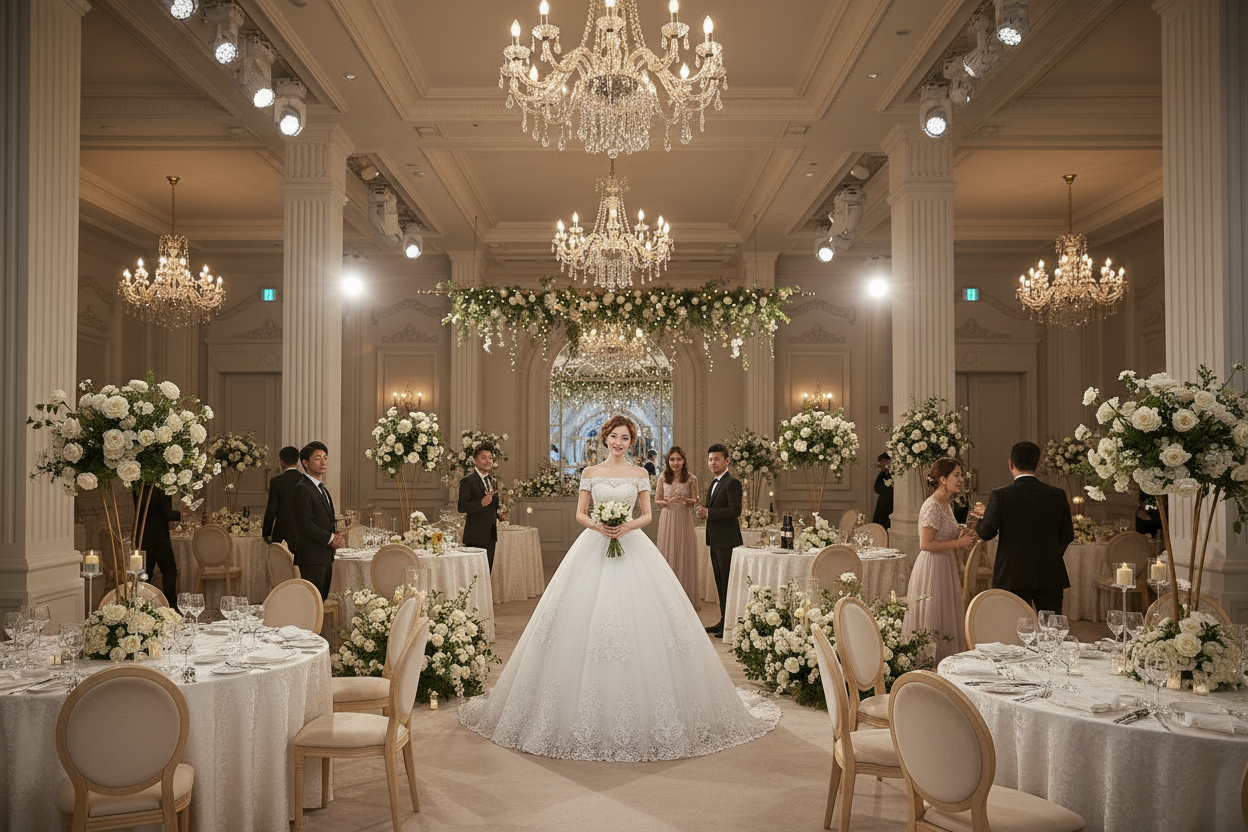 White lace wedding gown with lace cap sleeves and embroidered full skirt