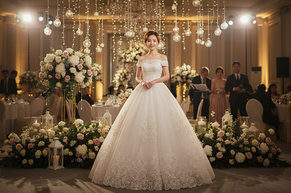 White wedding lace gown with lace cap sleeves and richly detailed full skirt