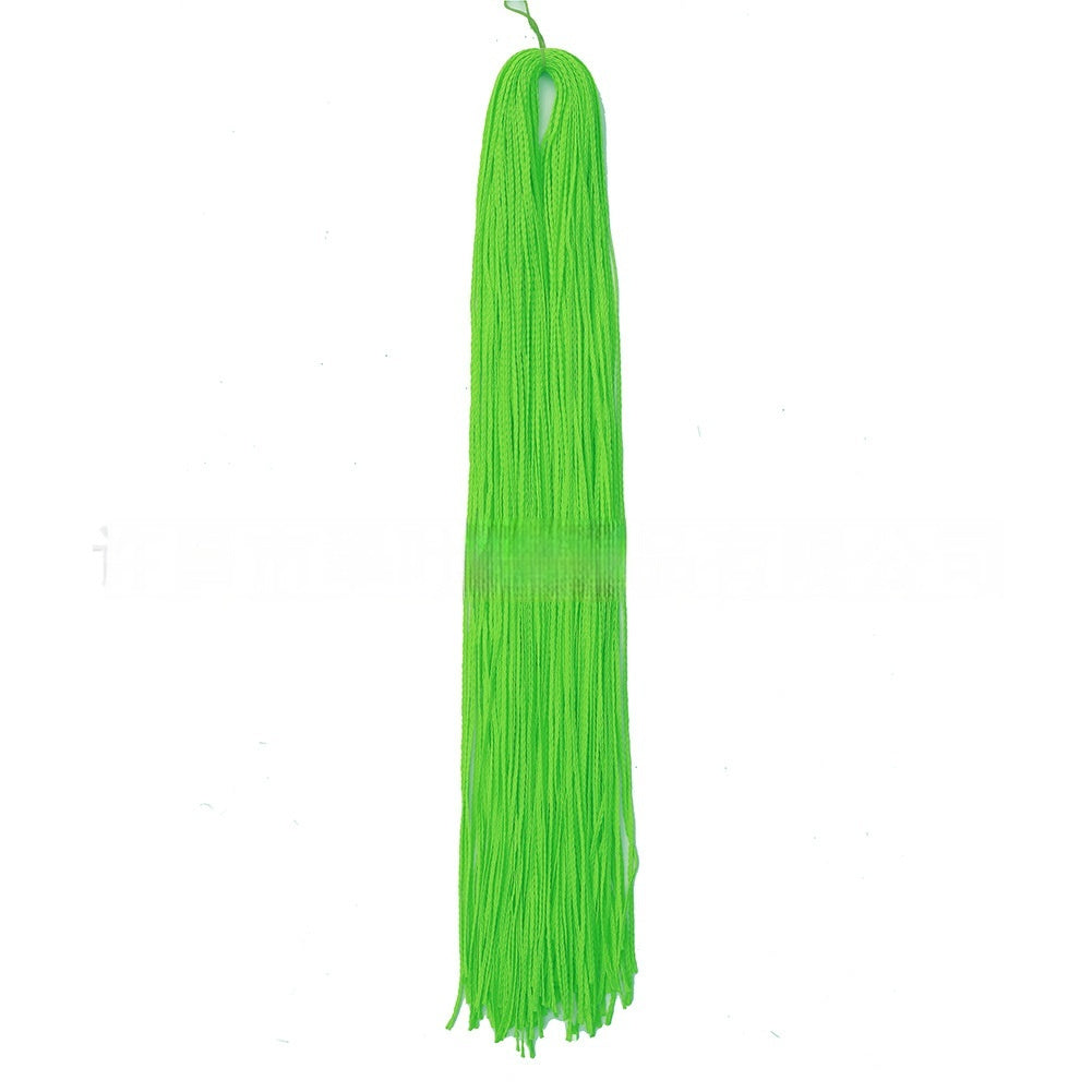 Bright green braided crochet hair extension with long fringe tassels