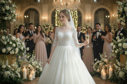 White lace wedding dress with long sleeves, beaded bodice, and flared tulle skirt