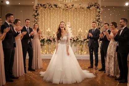 White lace long-sleeve wedding dress with fitted bodice and full tulle skirt