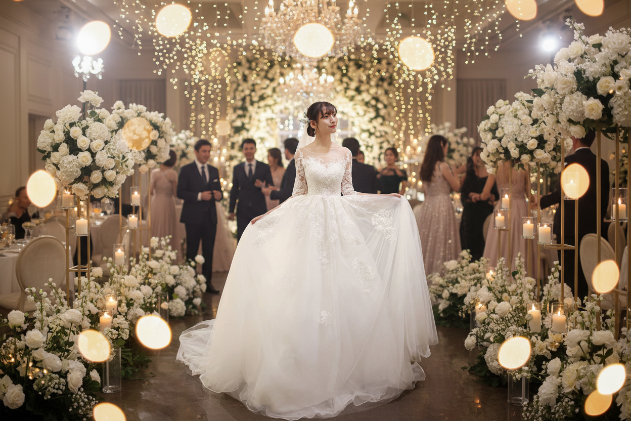 White lace long-sleeve wedding dress with fitted bodice and tiered tulle skirt