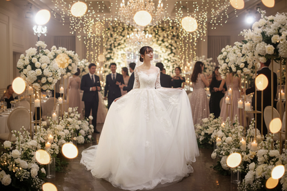 White lace long-sleeve wedding dress with fitted bodice and tiered tulle skirt