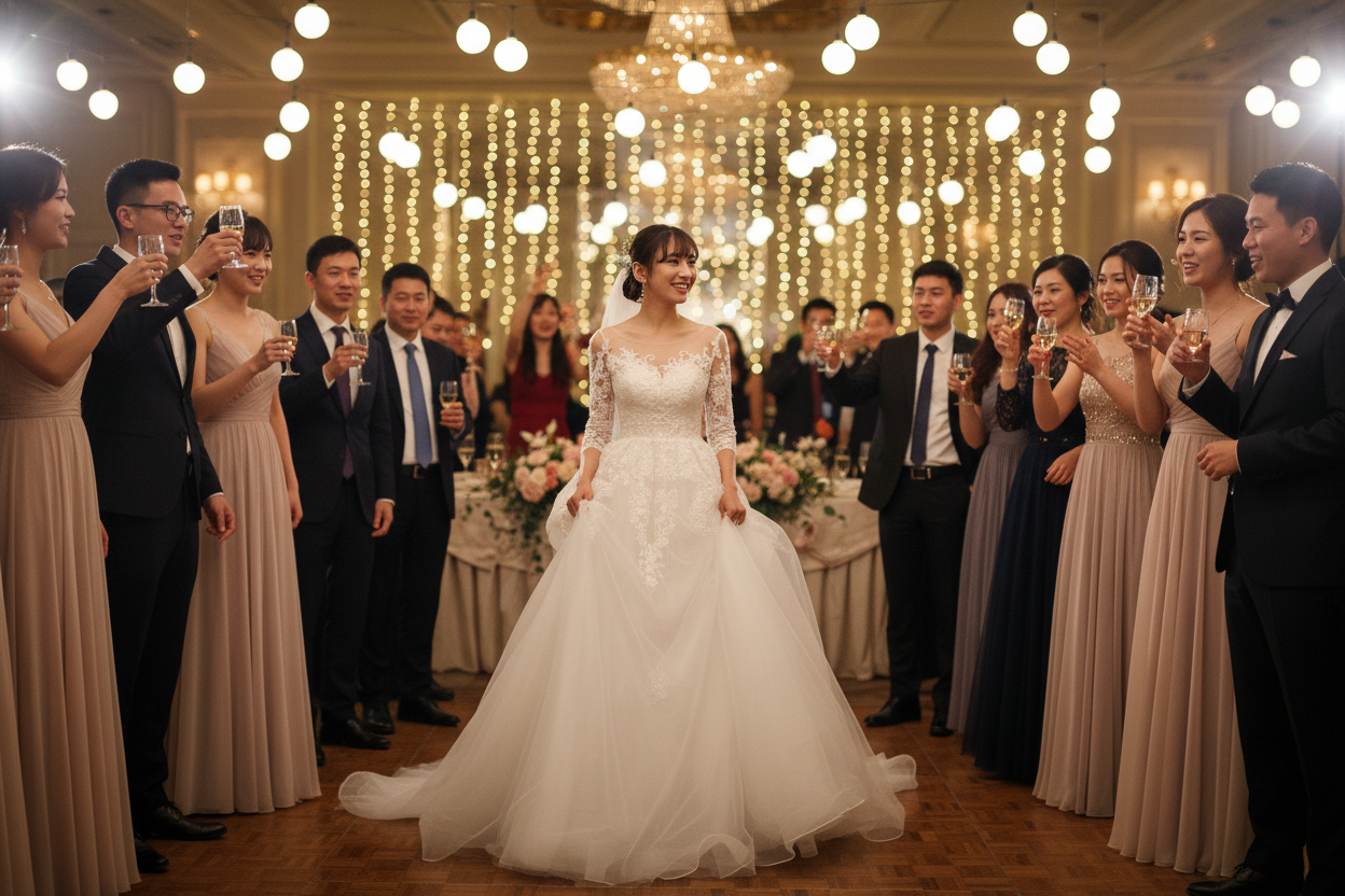 White lace long-sleeve wedding dress with beaded neckline and voluminous tulle skirt
