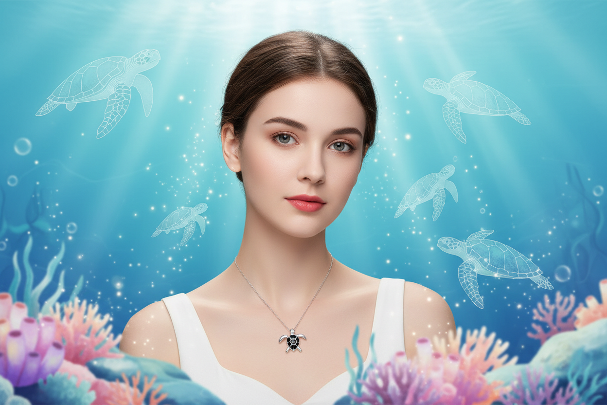 Silver turtle-shaped pendant on a fine chain necklace at the collarbone