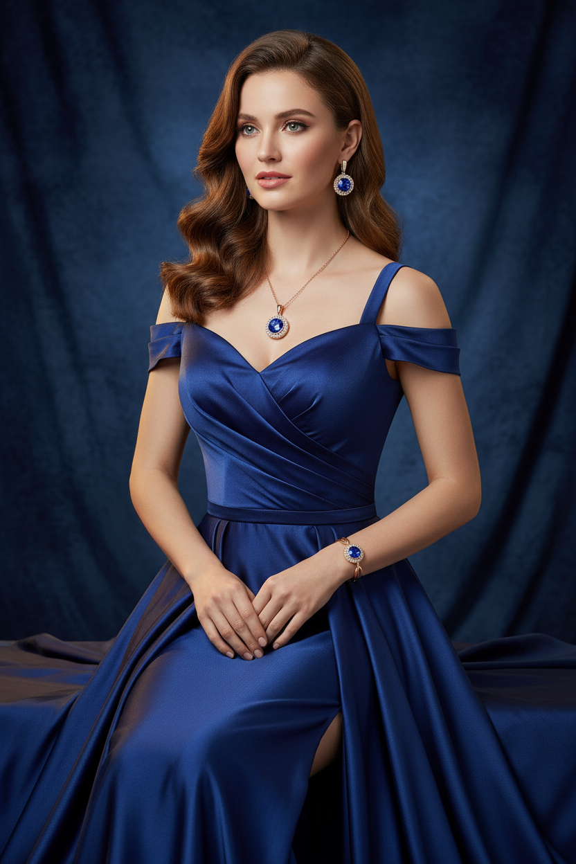 Blue gemstone jewelry set with pendant necklace, drop earrings, and wrist bracelet.