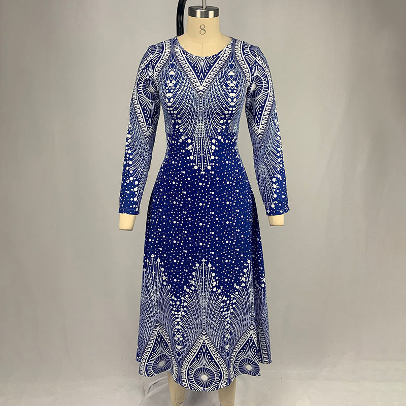 Women's Plus Size Elegant V-Neck Long Sleeve A-Line With Starry Sky Print, Slim-Fit Flowy Maxi Dress